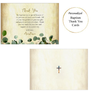 Vergeld Oud Perkament en Eucalyptus Orthodoxe Doop Bedankkaart