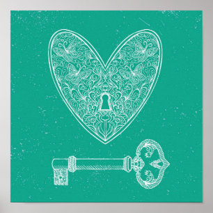 Vergrendeld hart en sleutel op achtergrond van Eme Poster