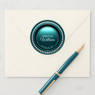 Verguld Glamoureus Diamond Blauwgroen Retour Adres Ronde Sticker