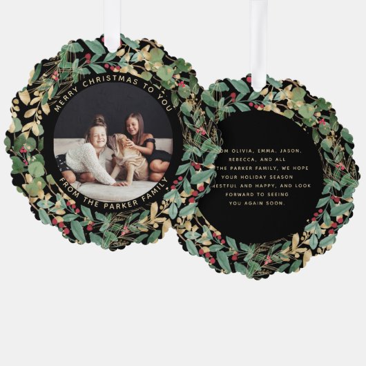 verguld groen zwart | Familie Foto Kerstmis Ornament Kaart (Voorkant / Achterkant)