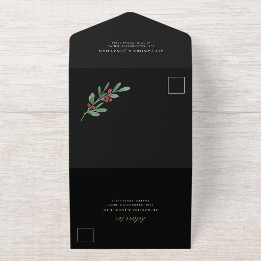 Verguld kerstgroen op zwarte bruiloft | Goud All In One Uitnodiging (Buiten)