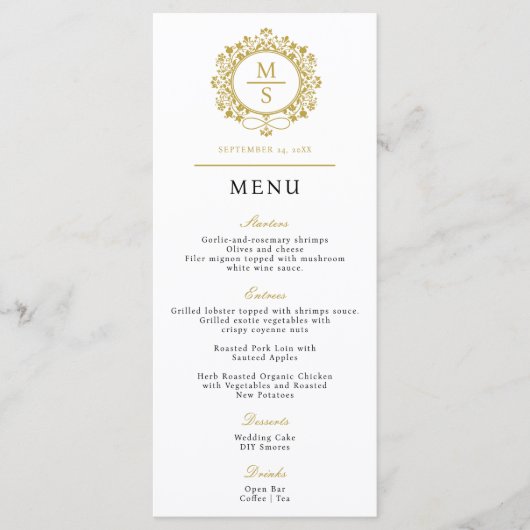 Verguld Monogram Bruiloft Menu (Voorkant)