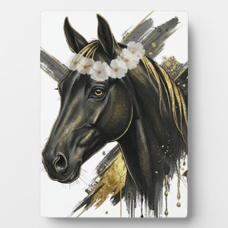 Verguld Zwart Paard met Bloemenkrans – Paardkunst Fotoplaat