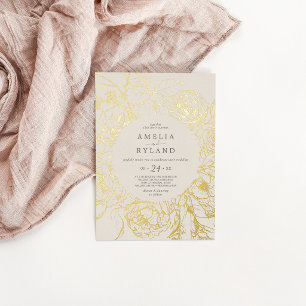 Vergulde bloem   Goud Folie Crème 4.25x5.6" Trouwf Uitnodiging Briefkaart