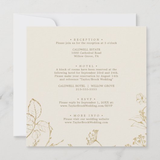 Vergulde Bloemen | Crème en Goud All In One Trouwd Kaart (Achterkant)