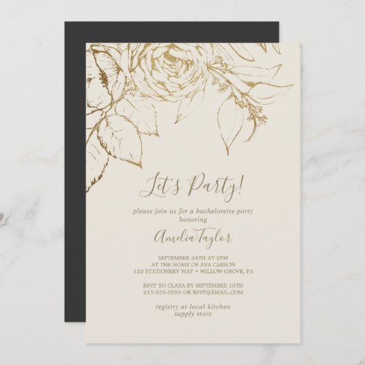 Vergulde Bloemen | Crème en Goud Laten we Feesten Kaart (Voorkant / Achterkant)