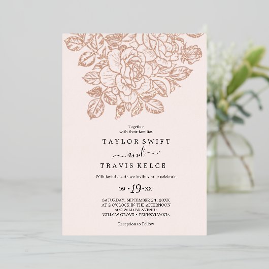 Vergulde Bloemen Roos Gold Folie & Blush Wedding Folie Uitnodiging (Staand Voorkant)