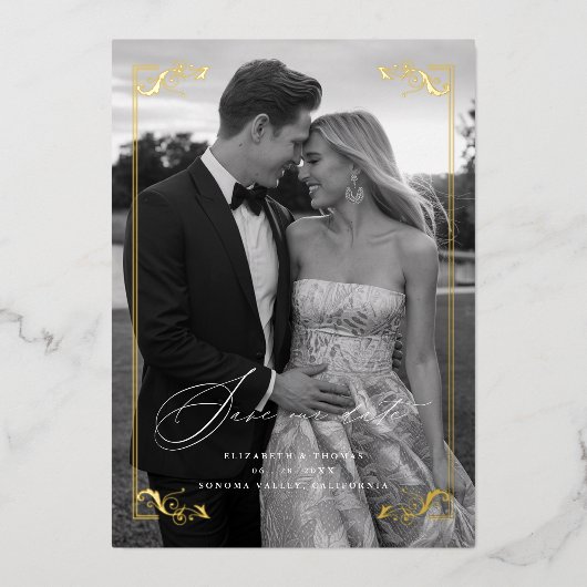 Vergulde Formele Lijst Fotobruiloft Save the Date Folie Uitnodiging (Voorkant)