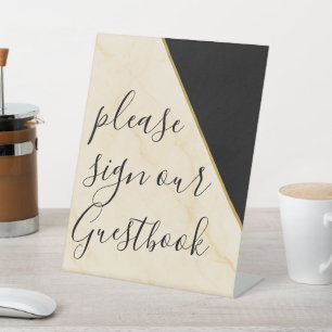 Vergulde Geometrie Luxe Ivoor & Gouden Marmeren Tr Reclamebord Met Voetstuk