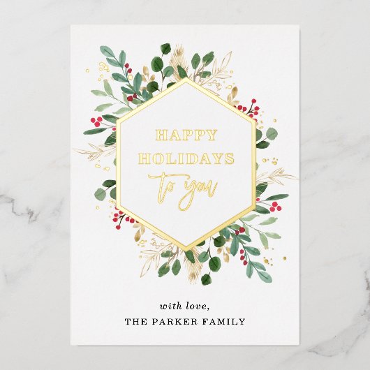 Vergulde groenblijvende planten op wit | Prettige Folie Feestdagenkaart (Voorkant)