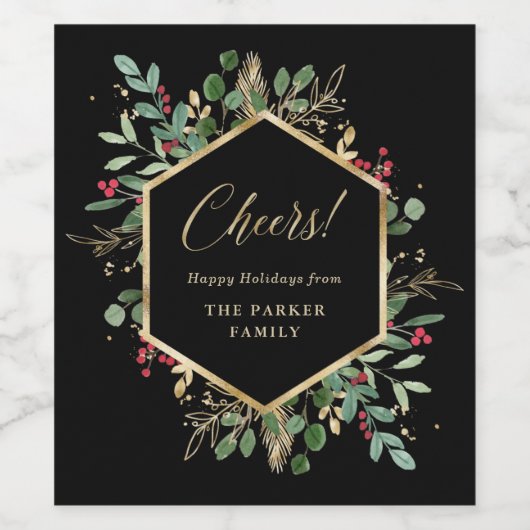 Vergulde groenblijvende planten op zwart | Kerstwe Wijn Etiket (Enkel label)