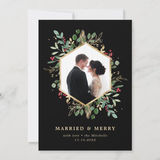 Vergulde Groene Geometrische Getrouwd en Vrolijk F Feestdagenkaart (Voorkant)