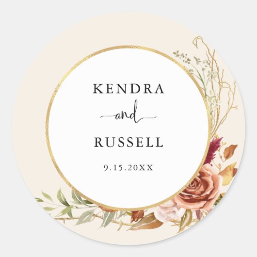 Vergulde Herfst Terracotta Floral Ronde Sticker (Voorkant)