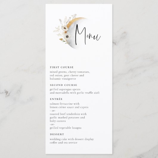 vergulde maan boho bloemenbruiloft menu (Voorkant)
