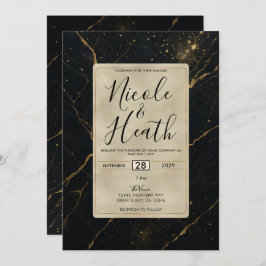 Vergulde Midnight Marble Black & Gold Wedding Kaart