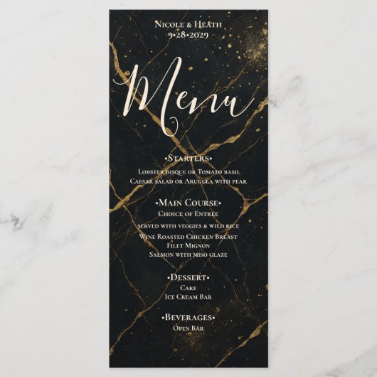 Vergulde Midnight Marble Black & Gold Wedding Menu (Voorkant)