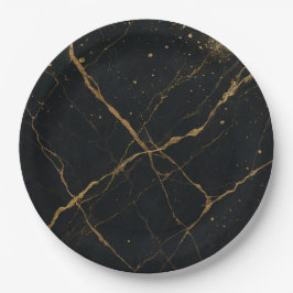 Vergulde Midnight Marble Black & Gold Wedding Papieren Bordje