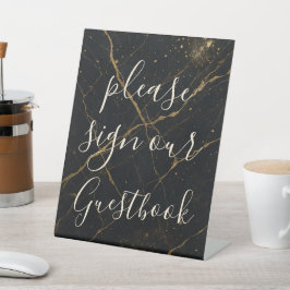 Vergulde Midnight Marble Black & Gold Wedding Reclamebord Met Voetstuk