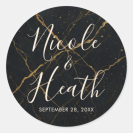 Vergulde Midnight Marble Black & Gold Wedding Ronde Sticker