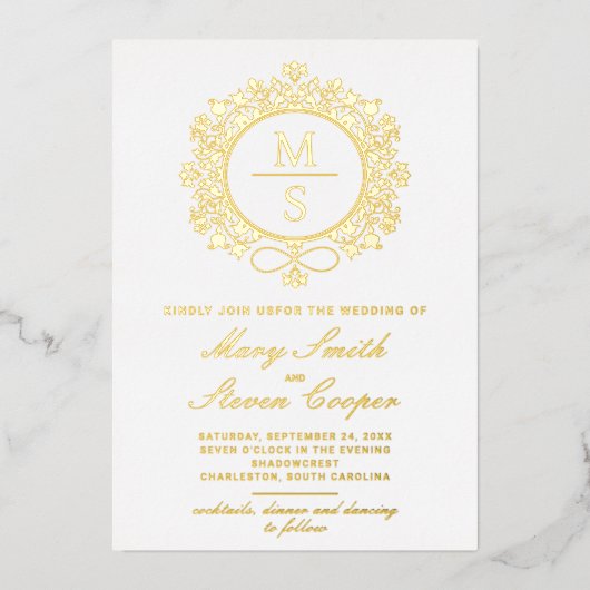 Vergulde Monogram bruiloft uitnodigingen (Voorkant)