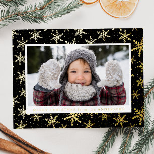 Vergulde Sneeuwvlokken Foto Zwart en Goud Folie Feestdagen Briefkaart