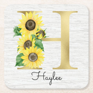Vergulde Zonnebloemen Initiaal H met Monogram Vierkante Kartonnen Onderzetter