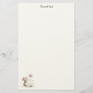 Verhaalmuis die een Roze Wilde Bloem Pakt Briefpapier