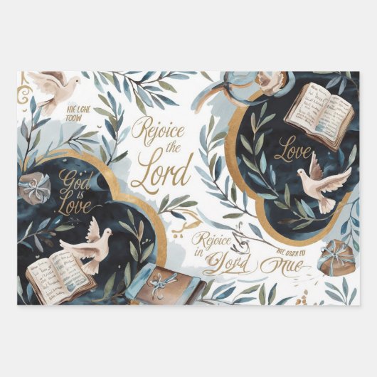 Verheug je en vertrouw: duif en bijbelsymboliek inpakpapier vel (Voorkant)