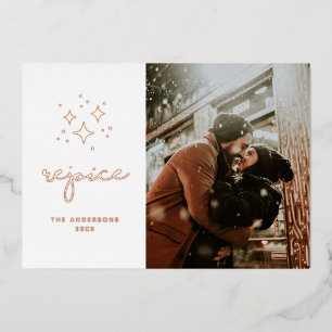 Verheug je. Gouden sterren / Religieuze kerstfoto Folie Feestdagenkaart