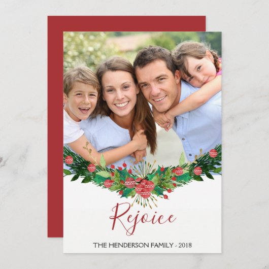 Verheug u - Christmas Garland Script Photo Card Feestdagenkaart (Voorkant / Achterkant)