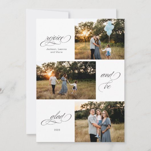 Verheug u en wees blij drie foto ontwerp feestdagenkaart (Voorkant)