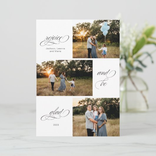 Verheug u en wees blij drie foto ontwerp feestdagenkaart (Staand voorkant)