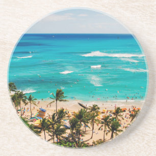 Verhoogd zicht op Waikiki Beach Scene, Honolulu 2 Zandsteen Onderzetter