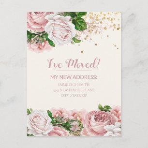 Verhuisbericht Roze Vintage Bloem Glitter Briefkaart