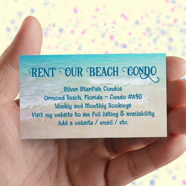 Verhuur Mijn Beach Condo Aangepaste Fotoreclame Visitekaartje (Condo rental card with place for your photo on the back.)