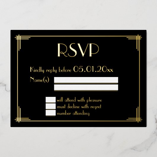 Véritable Gold Foil Art Déco Mariage Cartes RSVP (Recto)