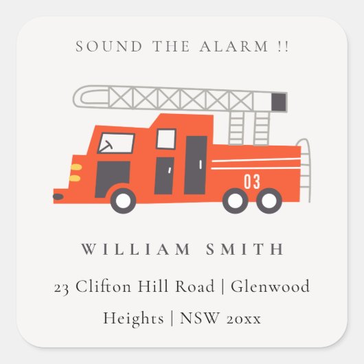 Verjaaradres van Cute Red Firetruck Engine Kindere Vierkante Sticker (Voorkant)