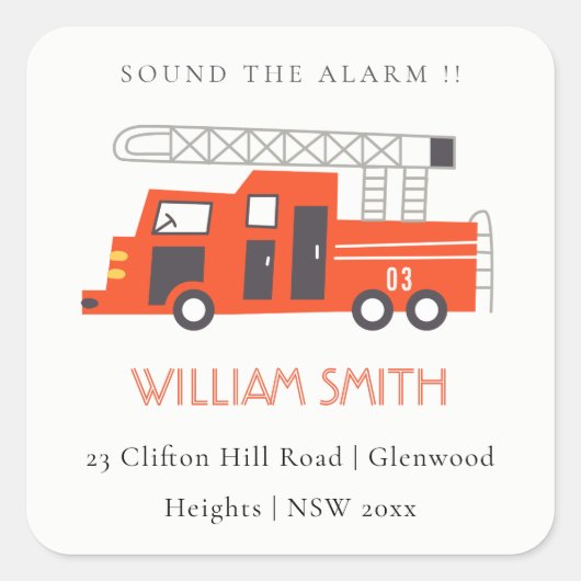 Verjaaradres van Cute Red Firetruck Engine Kindere Vierkante Sticker (Voorkant)
