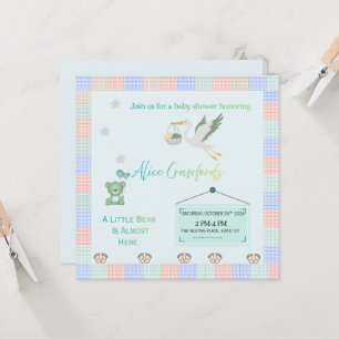 Verjaarbare teddybeer & ooievaar Blauwe ruit baby  Kaart