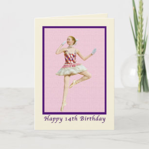 Verjaardag, 14e, Ballerina in Roze en Wit Kaart