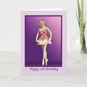 Verjaardag, 15e, Ballerina in Roze en Wit Kaart