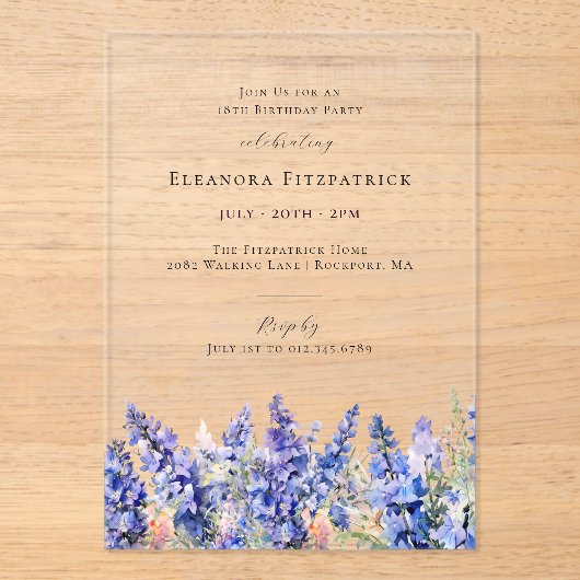 Verjaardag 18 jaar Blue Larkspur juli geboortebloe Acryl Uitnodigingen (Voorkant)