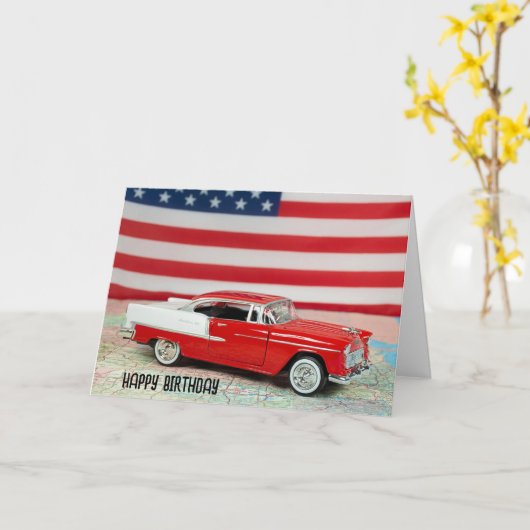 Verjaardag 1955 Chevy auto op kaart (Gele Bloem)