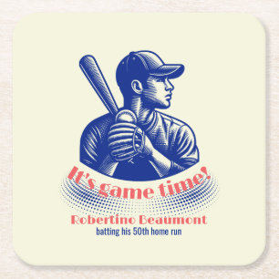 Verjaardag 50 Vintage Blauwe Honkbalspeler Man Vierkante Kartonnen Onderzetter