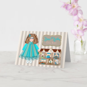 Verjaardag, 5e voor meisjes, pop en poppenhuis kaart
