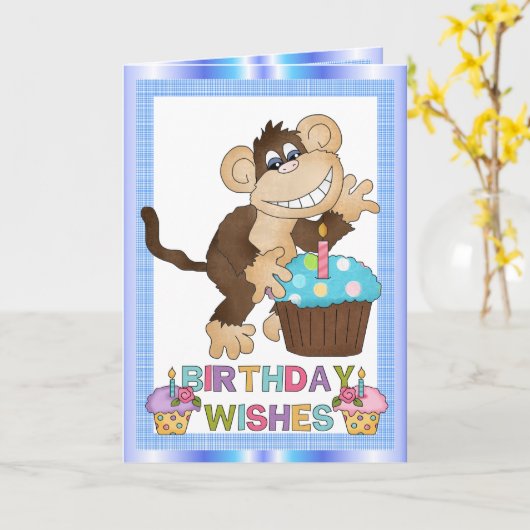 Verjaardag Aap Greetin Kaart (Gele Bloem)