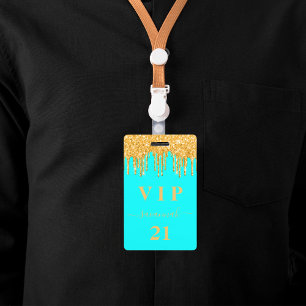 Verjaardag aqua goud glitters drijft monogram vip badge