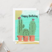Verjaardag Aquarel Zonnige Dag Cactus Pot Kaart (Voorkant / Achterkant in situ)