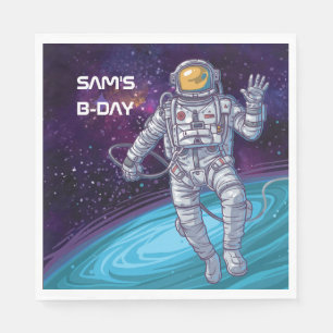 Verjaardag. Astronaut in de ruimte met sterren & m Servet