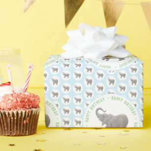 Verjaardag Baby Olifant Blauw Cadeaupapier